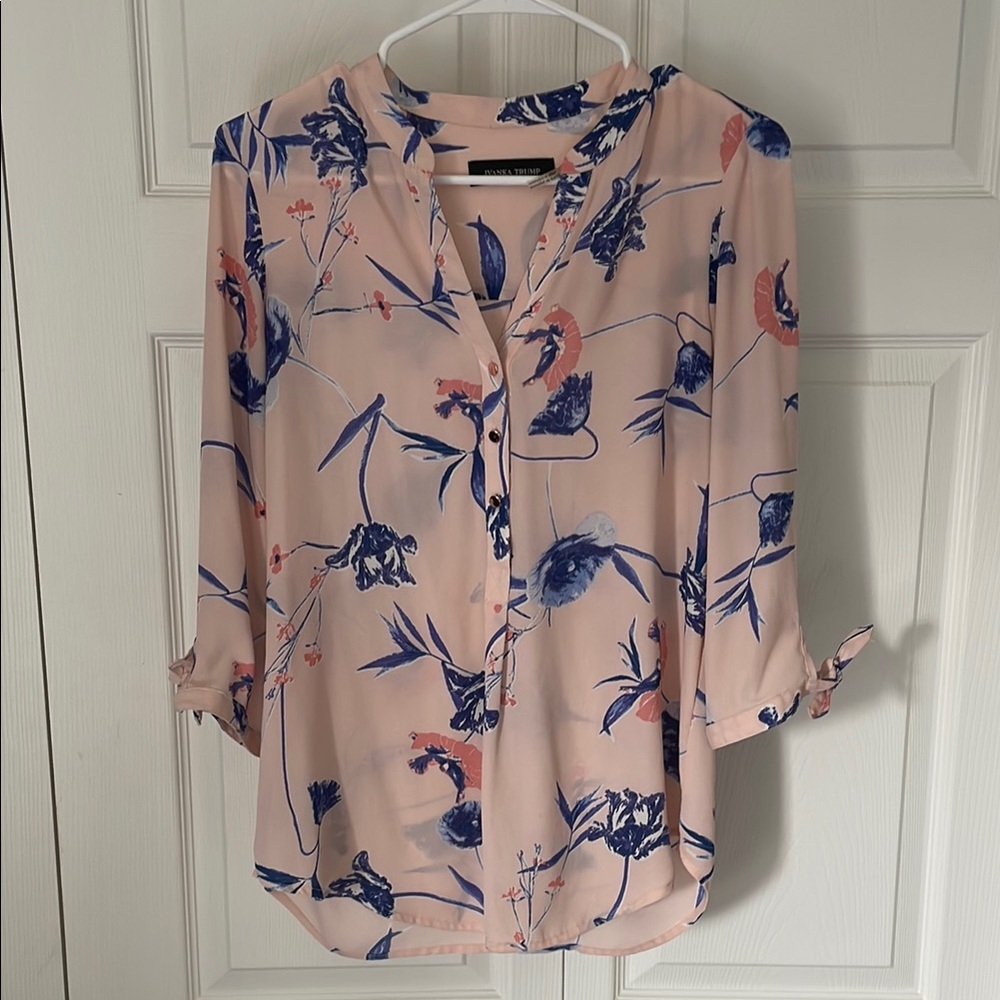 Ivanka Trump Pink and Blue Cuffed Sleeve Blouse with rose gold buttons